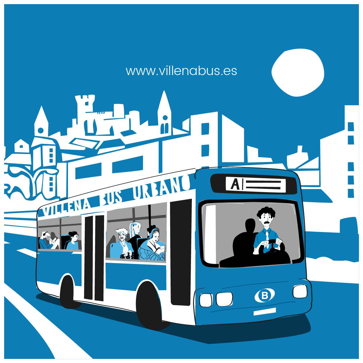 Ilustración de autobús urbano con conductor y pasajeros. Al fondo la ciudad